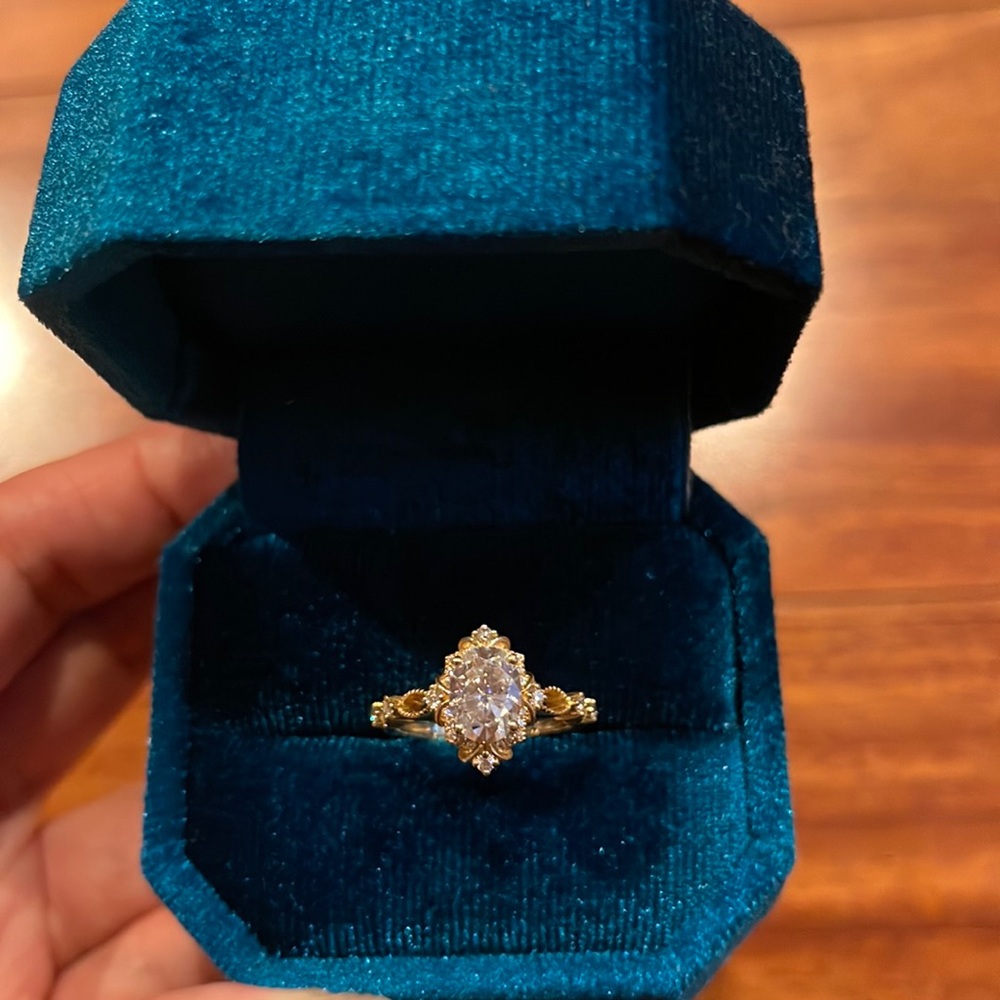 Ring Size 5.5 milgrain art deco moissanite 6x8 with side stones, 10k yellow gold